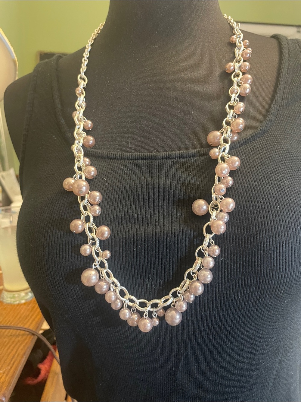 Pearl Drop Chain Necklace - Taupe Beads on Silver Chain 16” drop 3” ext